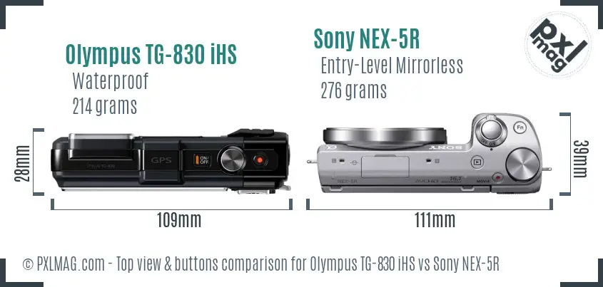 Olympus TG-830 iHS vs Sony NEX-5R top view buttons comparison