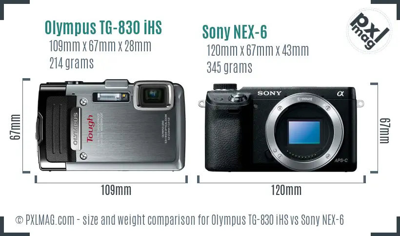 Olympus TG-830 iHS vs Sony NEX-6 size comparison