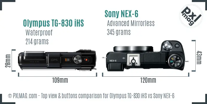 Olympus TG-830 iHS vs Sony NEX-6 top view buttons comparison