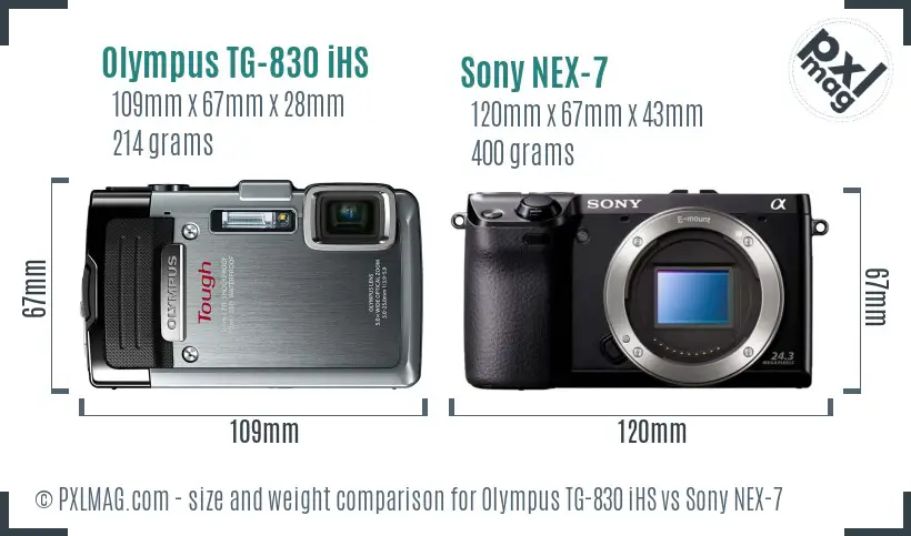 Olympus TG-830 iHS vs Sony NEX-7 size comparison