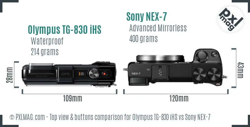 Olympus TG-830 iHS vs Sony NEX-7 top view buttons comparison