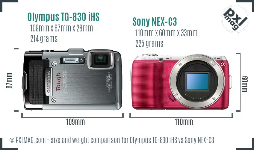 Olympus TG-830 iHS vs Sony NEX-C3 size comparison