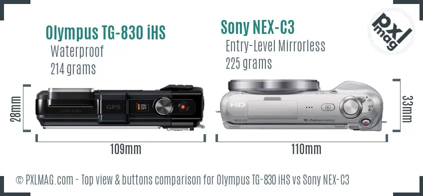 Olympus TG-830 iHS vs Sony NEX-C3 top view buttons comparison