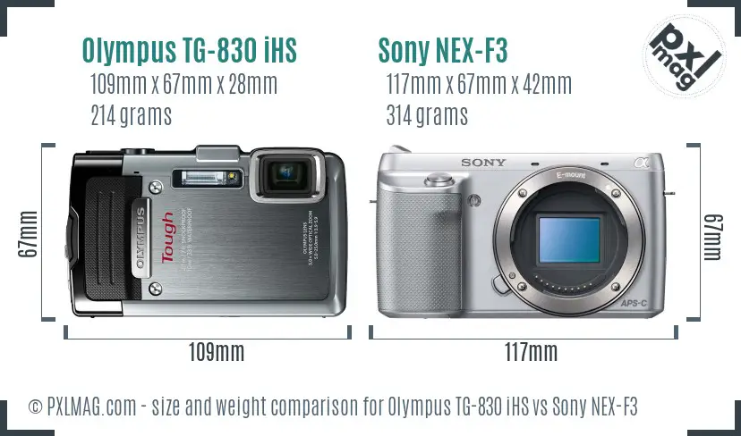 Olympus TG-830 iHS vs Sony NEX-F3 size comparison