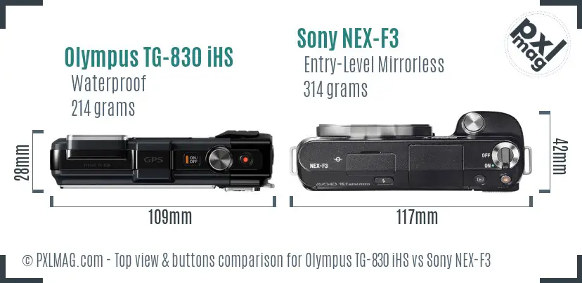 Olympus TG-830 iHS vs Sony NEX-F3 top view buttons comparison