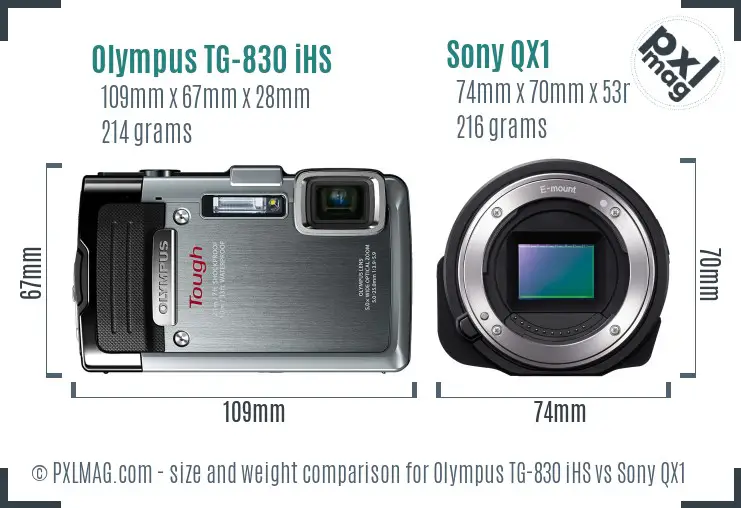 Olympus TG-830 iHS vs Sony QX1 size comparison
