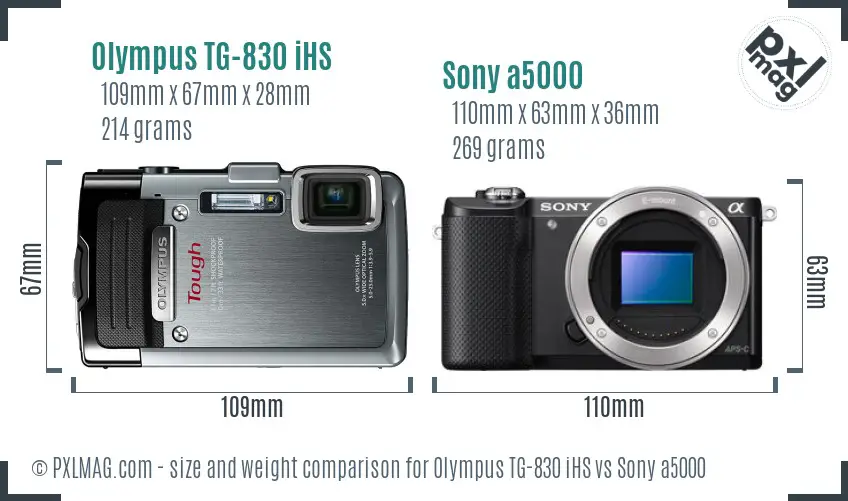 Olympus TG-830 iHS vs Sony a5000 size comparison