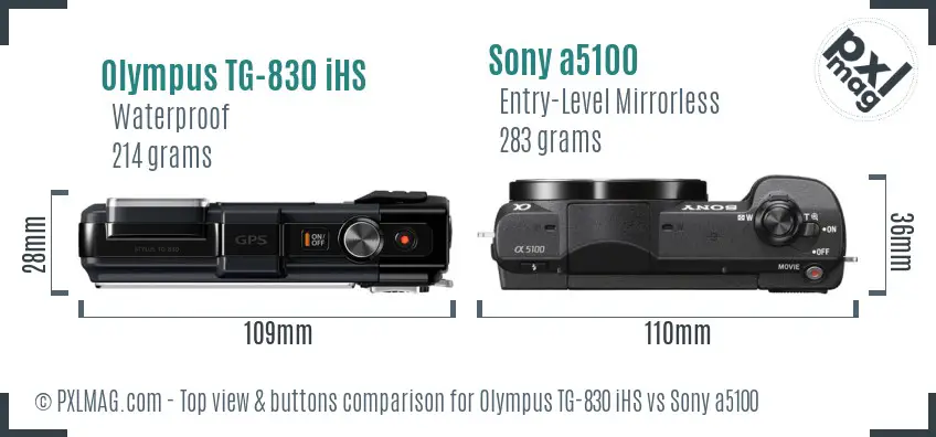 Olympus TG-830 iHS vs Sony a5100 top view buttons comparison Olympus TG-830 iHS vs Sony a5100 top view buttons comparison