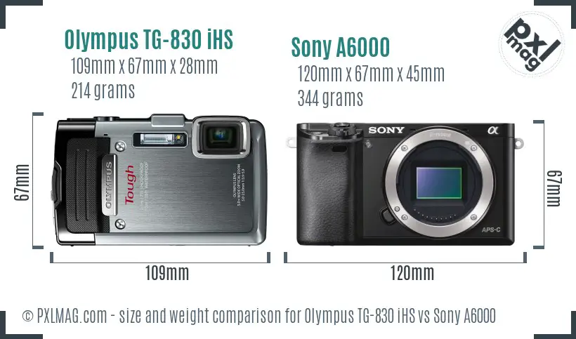 Olympus TG-830 iHS vs Sony A6000 size comparison