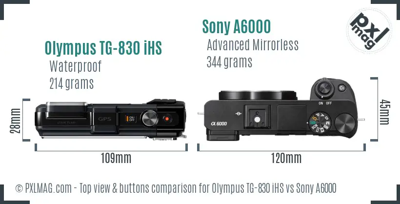 Olympus TG-830 iHS vs Sony A6000 top view buttons comparison