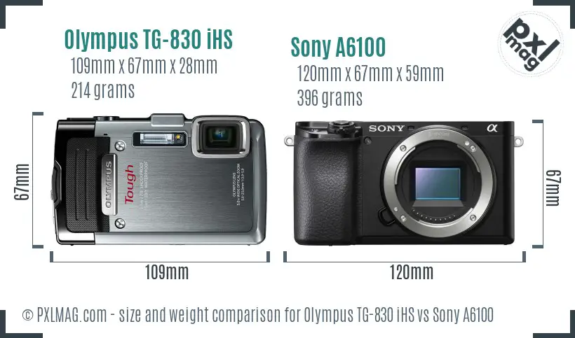 Olympus TG-830 iHS vs Sony A6100 size comparison