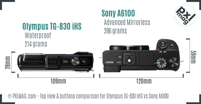 Olympus TG-830 iHS vs Sony A6100 top view buttons comparison