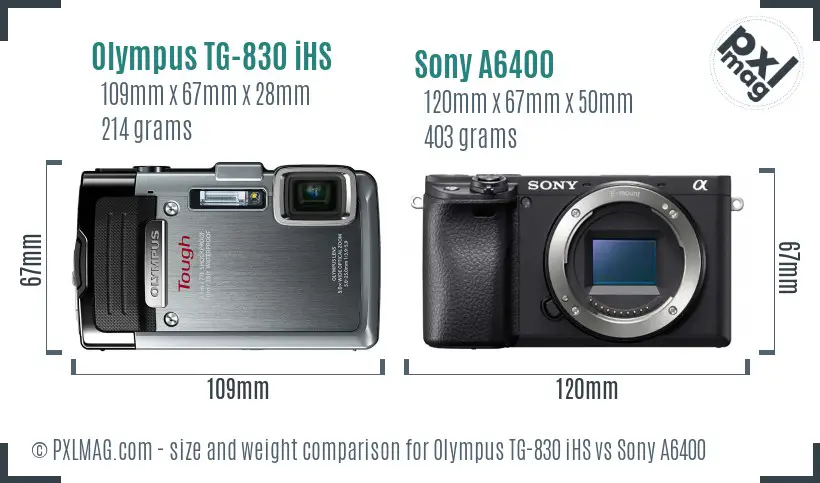Olympus TG-830 iHS vs Sony A6400 size comparison