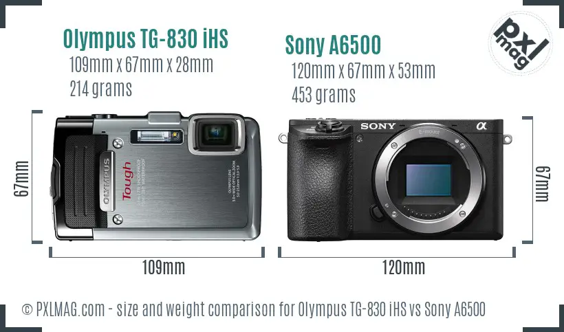 Olympus TG-830 iHS vs Sony A6500 size comparison
