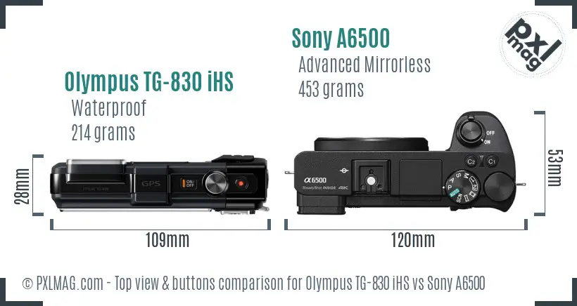 Olympus TG-830 iHS vs Sony A6500 top view buttons comparison