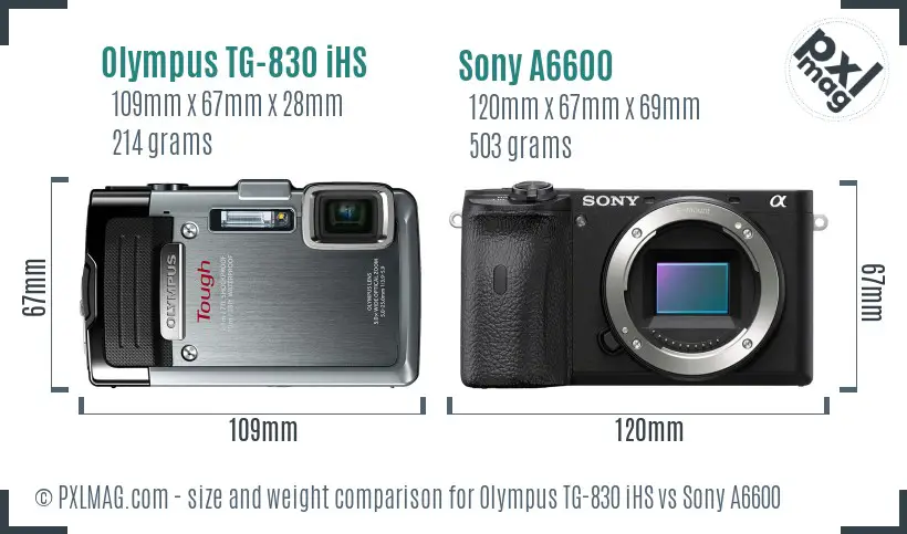 Olympus TG-830 iHS vs Sony A6600 size comparison