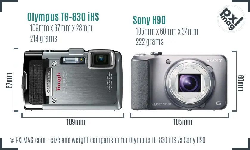 Olympus TG-830 iHS vs Sony H90 size comparison