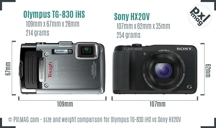 Olympus TG-830 iHS vs Sony HX20V size comparison