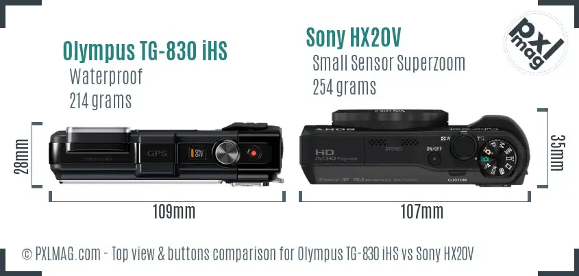 Olympus TG-830 iHS vs Sony HX20V top view buttons comparison