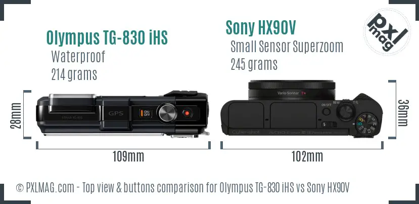 Olympus TG-830 iHS vs Sony HX90V top view buttons comparison
