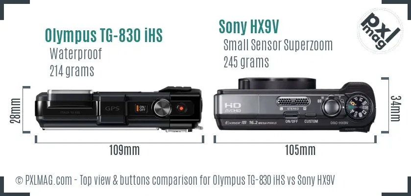 Olympus TG-830 iHS vs Sony HX9V top view buttons comparison
