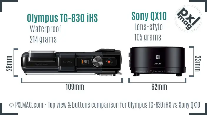 Olympus TG-830 iHS vs Sony QX10 top view buttons comparison
