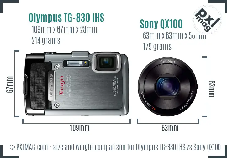 Olympus TG-830 iHS vs Sony QX100 size comparison