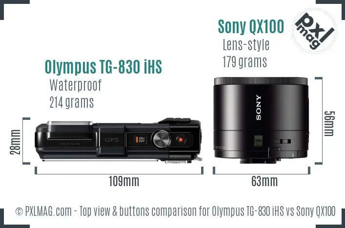 Olympus TG-830 iHS vs Sony QX100 top view buttons comparison