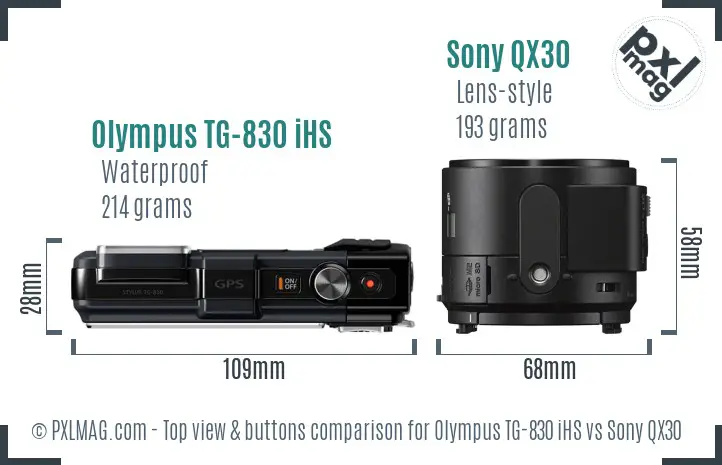 Olympus TG-830 iHS vs Sony QX30 top view buttons comparison