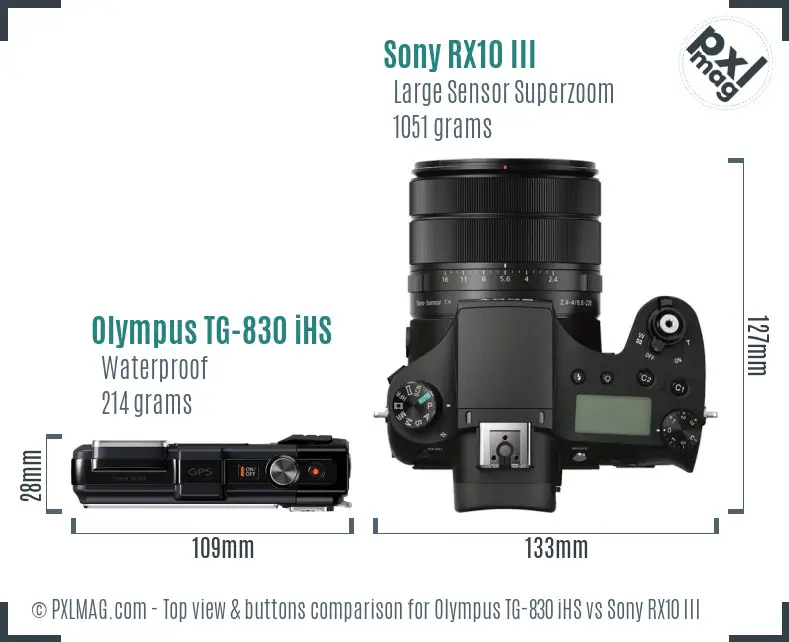 Olympus TG-830 iHS vs Sony RX10 III top view buttons comparison