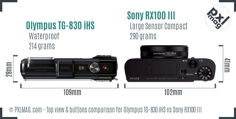 Olympus TG-830 iHS vs Sony RX100 III top view buttons comparison