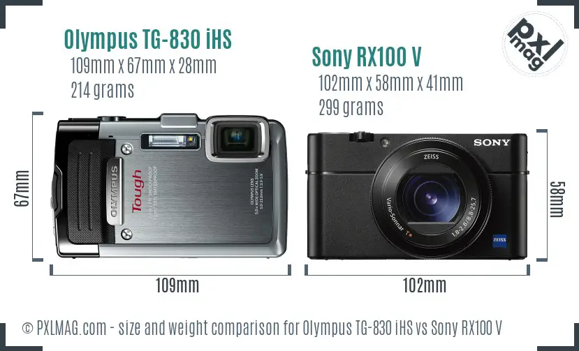 Olympus TG-830 iHS vs Sony RX100 V size comparison