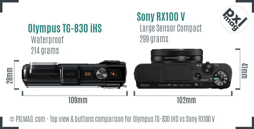 Olympus TG-830 iHS vs Sony RX100 V top view buttons comparison