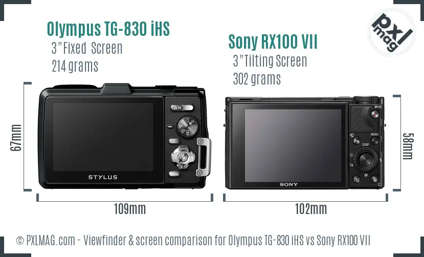Olympus TG-830 iHS vs Sony RX100 VII Screen and Viewfinder comparison
