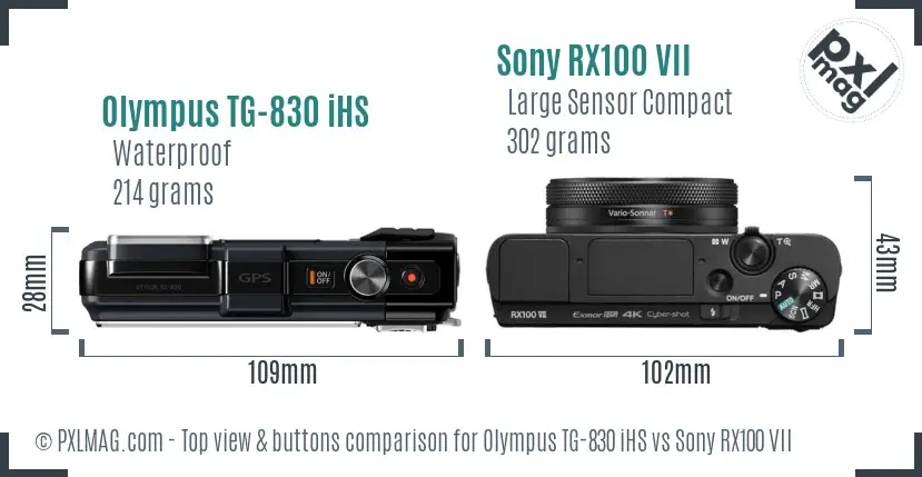 Olympus TG-830 iHS vs Sony RX100 VII top view buttons comparison