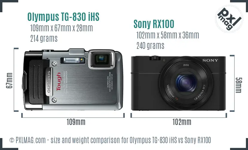 Olympus TG-830 iHS vs Sony RX100 size comparison