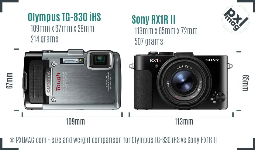 Olympus TG-830 iHS vs Sony RX1R II size comparison