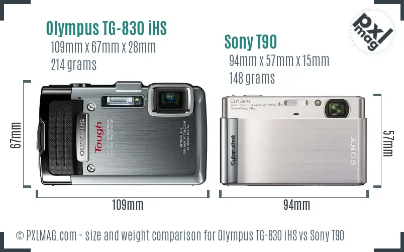 Olympus TG-830 iHS vs Sony T90 size comparison