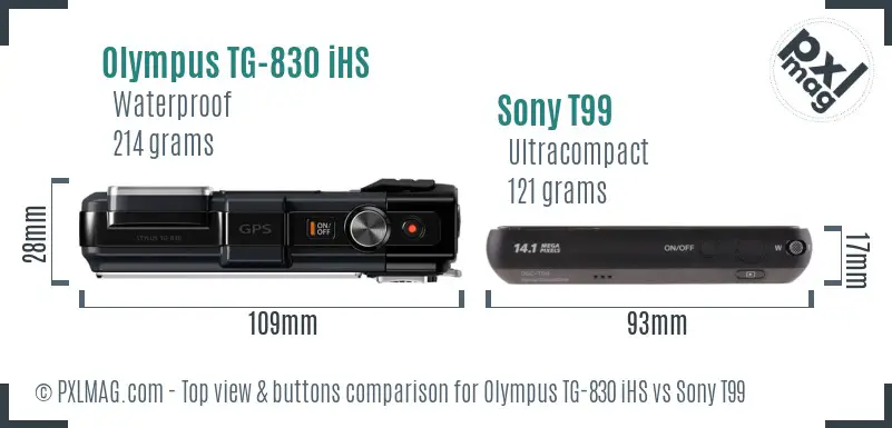 Olympus TG-830 iHS vs Sony T99 top view buttons comparison