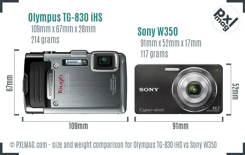 Olympus TG-830 iHS vs Sony W350 size comparison