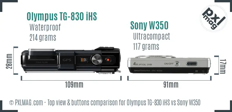 Olympus TG-830 iHS vs Sony W350 top view buttons comparison