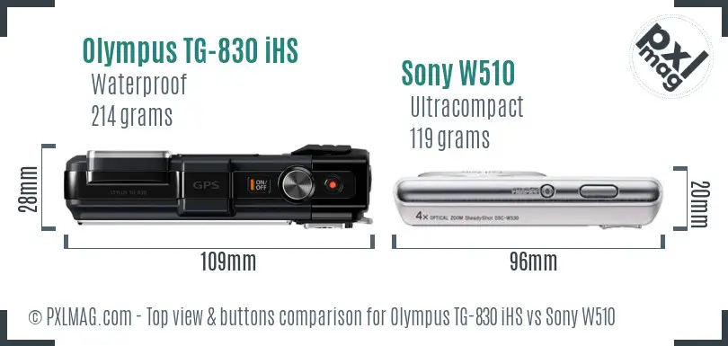 Olympus TG-830 iHS vs Sony W510 top view buttons comparison