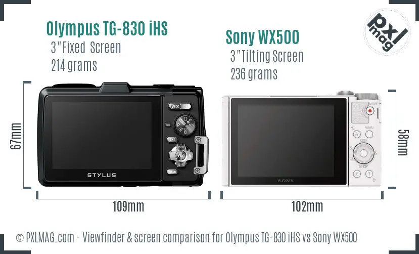 Olympus TG-830 iHS vs Sony WX500 Screen and Viewfinder comparison