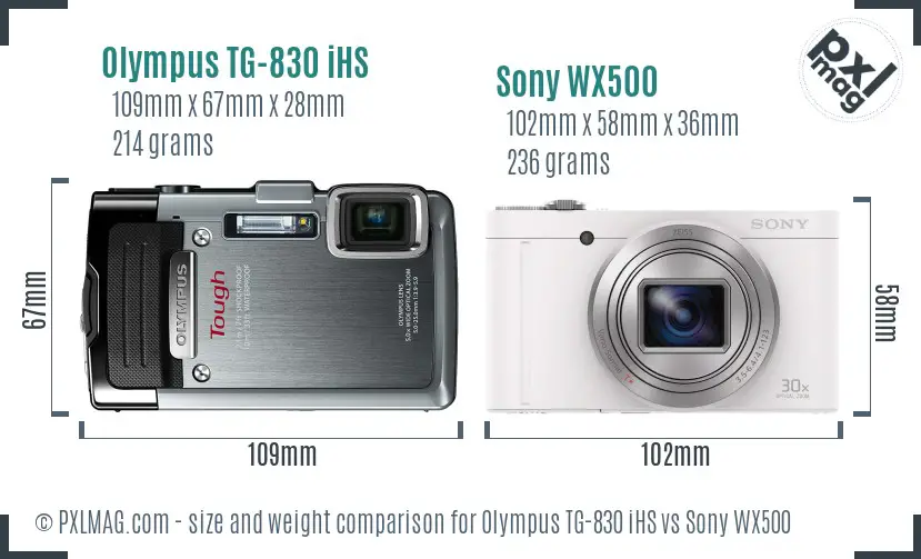 Olympus TG-830 iHS vs Sony WX500 size comparison
