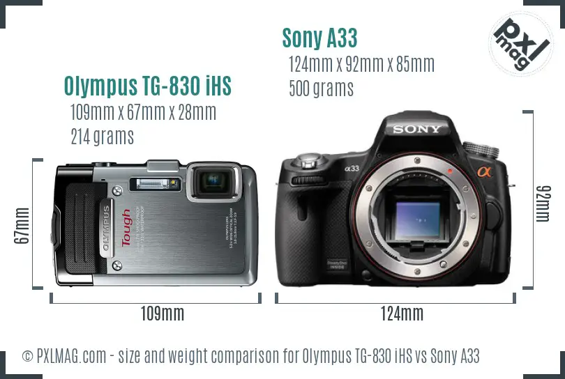 Olympus TG-830 iHS vs Sony A33 size comparison