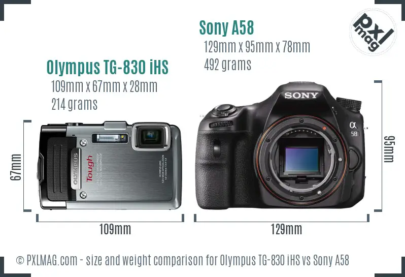 Olympus TG-830 iHS vs Sony A58 size comparison