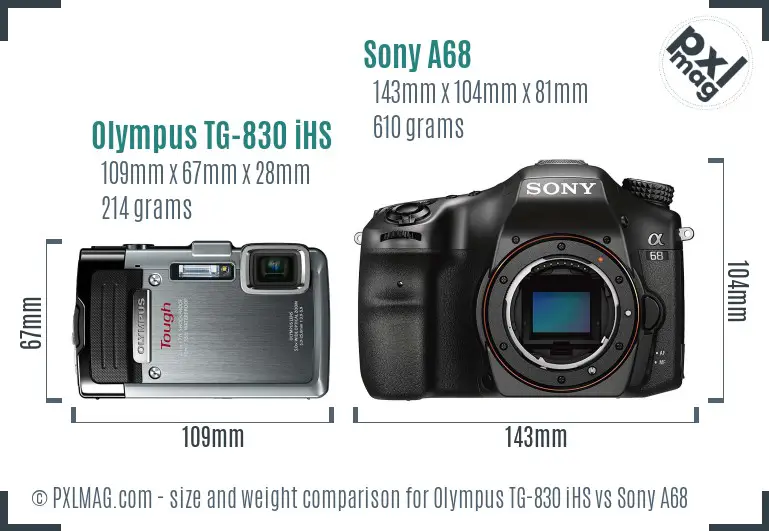 Olympus TG-830 iHS vs Sony A68 size comparison