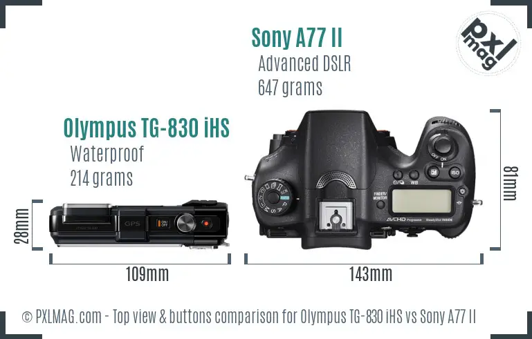 Olympus TG-830 iHS vs Sony A77 II top view buttons comparison
