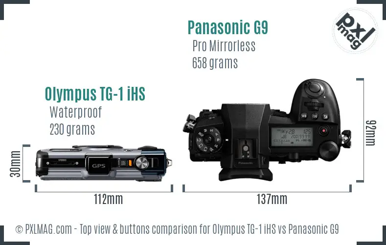 Olympus TG-1 iHS vs Panasonic G9 top view buttons comparison
