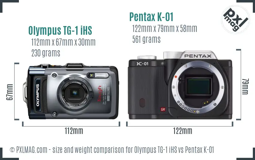 Olympus TG-1 iHS vs Pentax K-01 size comparison